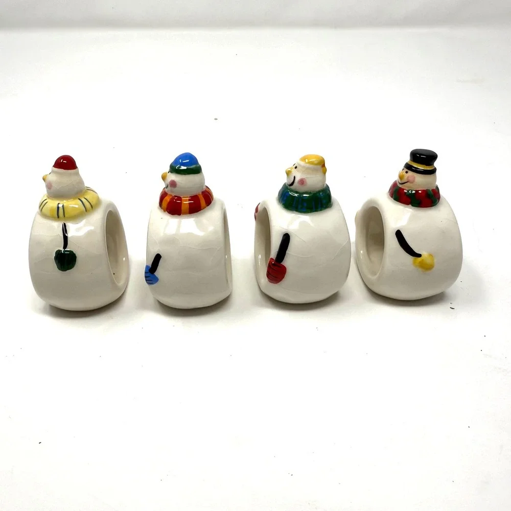Williams Sonoma Snowman Napkin Rings Set 4‎ Holiday Christmas Ceramic
